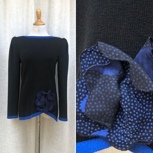 Raul Blanco hand loomed black snd blue sweater with flower appliqué, size 8